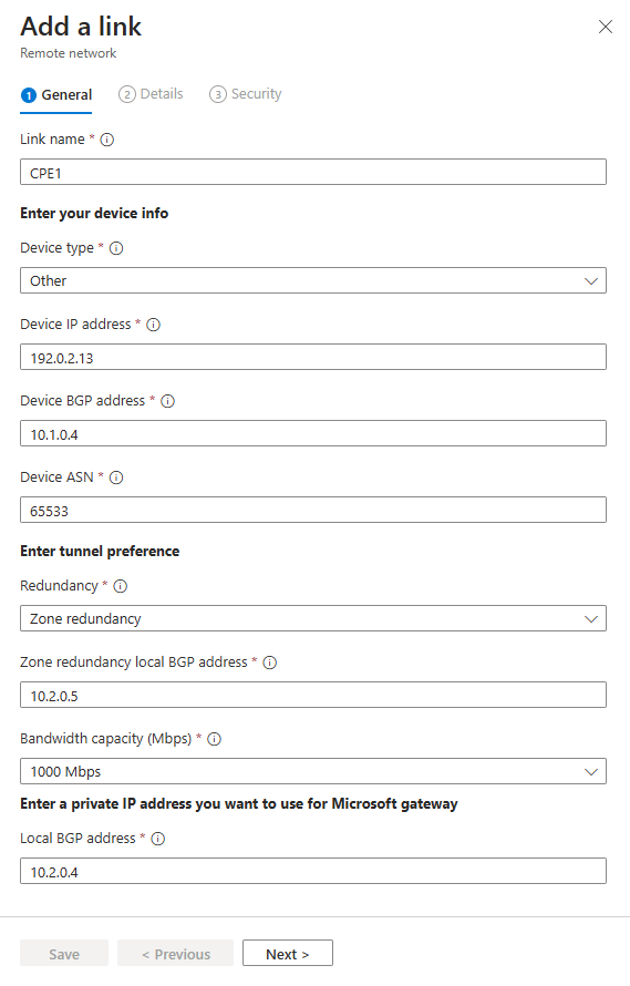 Screenshot of the general tab of the create device link process.