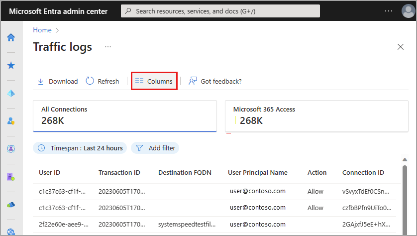 Screenshot of the traffic logs with the columns button highlighted.