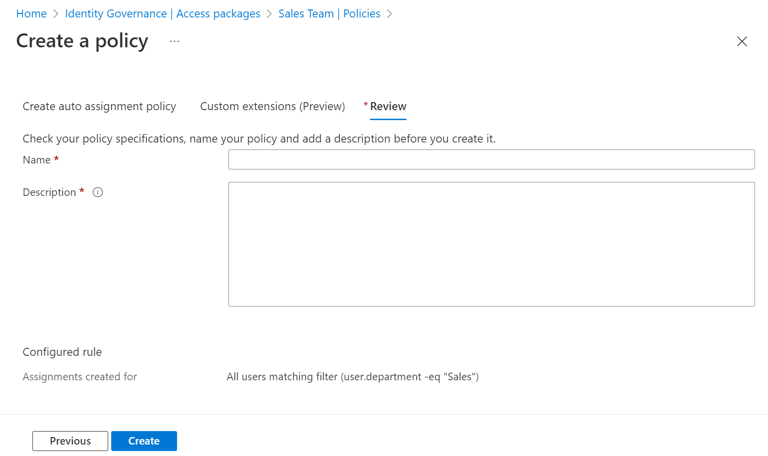 Screenshot of an access package automatic assignment policy review tab.