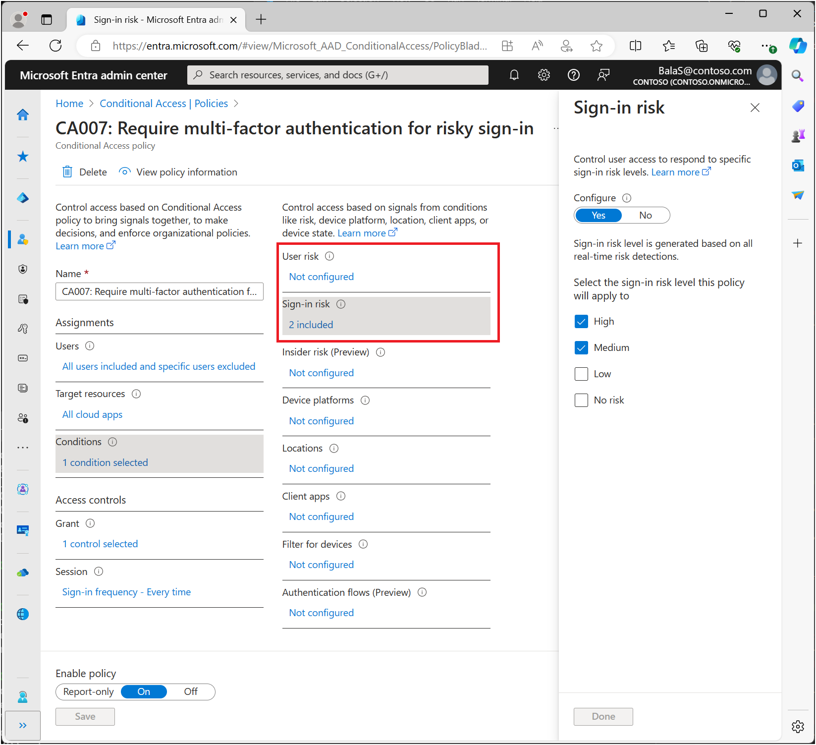 Screenshot of a Conditional Access policy showing risk as conditions.