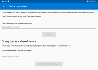 Device registration screen in app