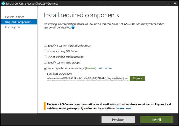 Screenshot that shows the Import synchronization settings option.