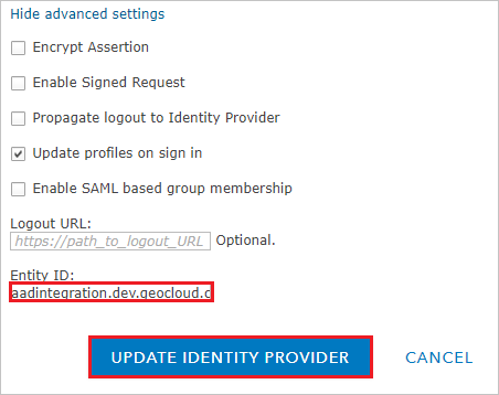 Screenshot shows where to get the Entity I D and update identify provider.