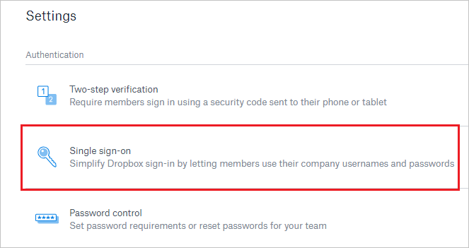 Screenshot that shows the "Authentication" section with "Single sign-on" selected.