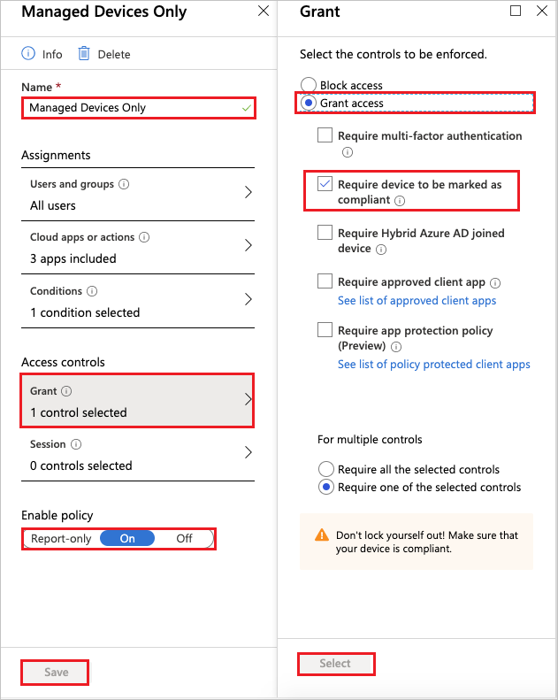 Screenshot of Managed Devices Only and Grant.