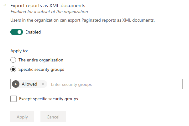 Screenshot of enabled subset state tenant setting.