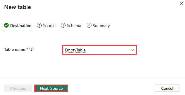 Screenshot of the new table wizard in Real-Time Intelligence. The table name and description is highlighted.