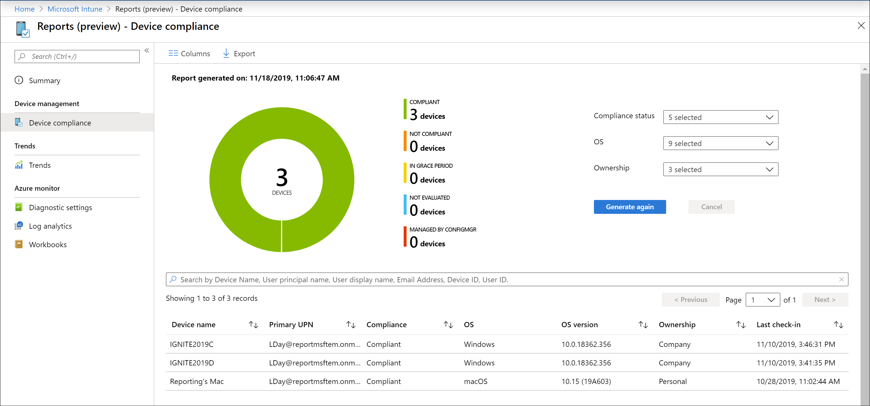 Device compliance report