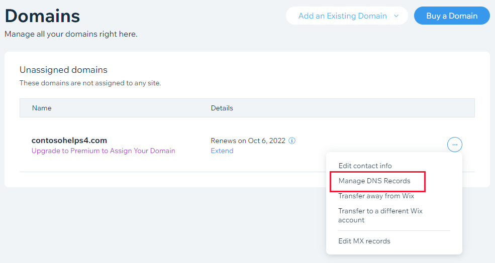 Select Manage DNS Records from the drop-down list.