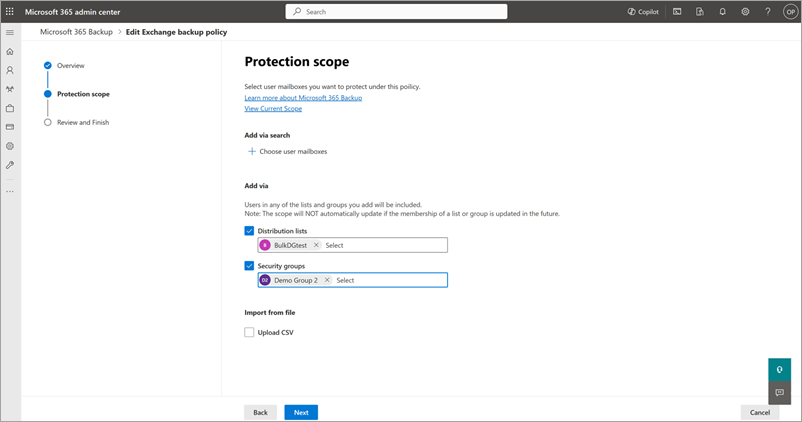 Screenshot of the Add via Distribution lists and Security groups on the Protection scope page for Exchange.