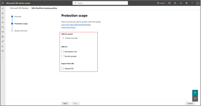Screenshot of the Protection scope page for OneDrive with the options highlighted.