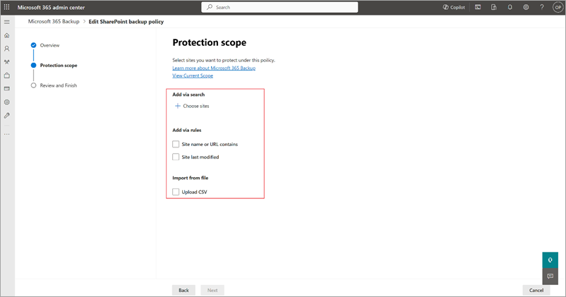 Screenshot of the Protection scope page for SharePoint with the options highlighted.
