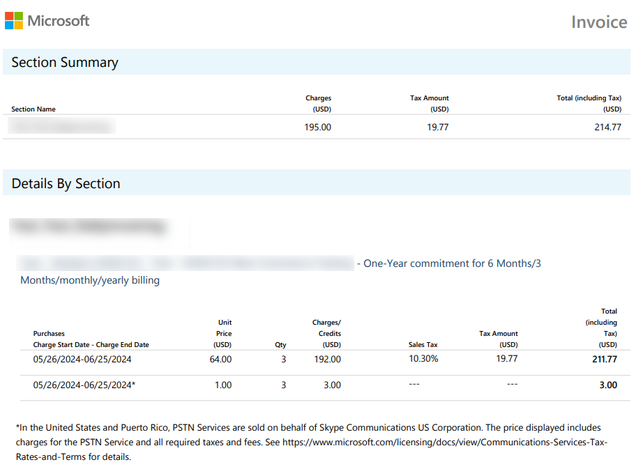 Page two of the invoice .PDF that shows billing activity for each section.