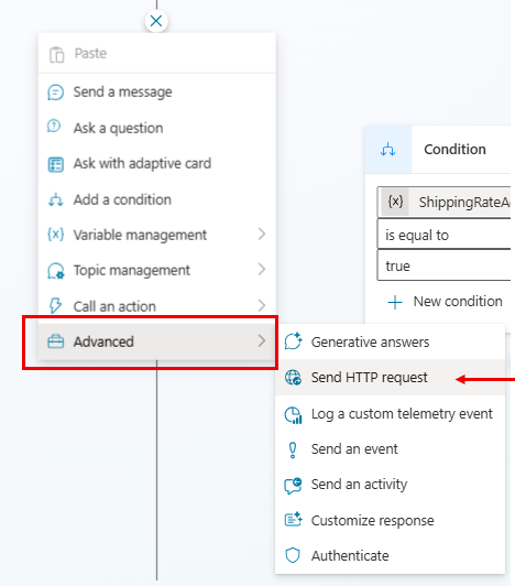Screenshot of the send HTTP request option in the advanced menu.