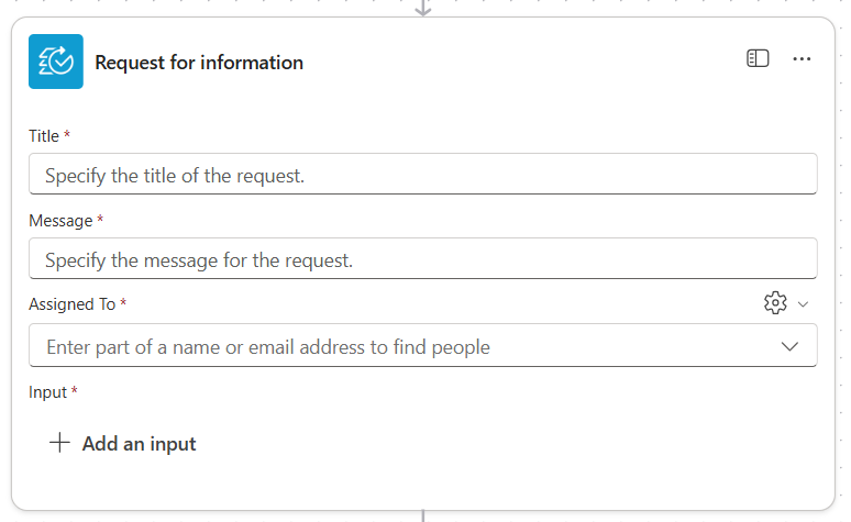 Screenshot of Request for information action configuration fields.