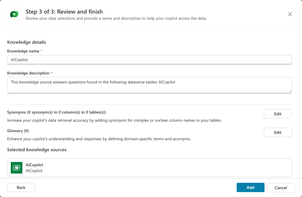 Screenshot of the Add Dataverse dialog, displaying Step 3 of 3: Review and finish window.