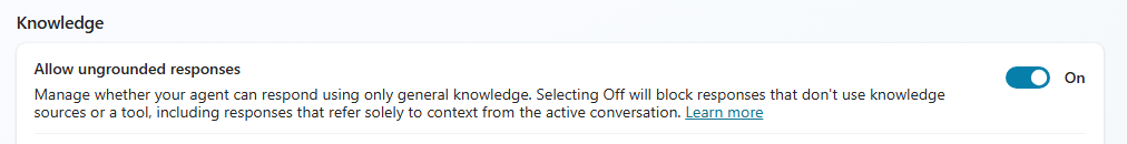 Screenshot of the Allow ungrounded responses setting in the Knowledge section.