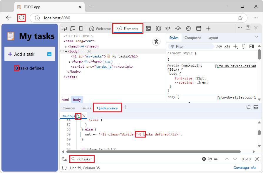 An edited .js file in the Quick source tool, with refreshed demo webpage