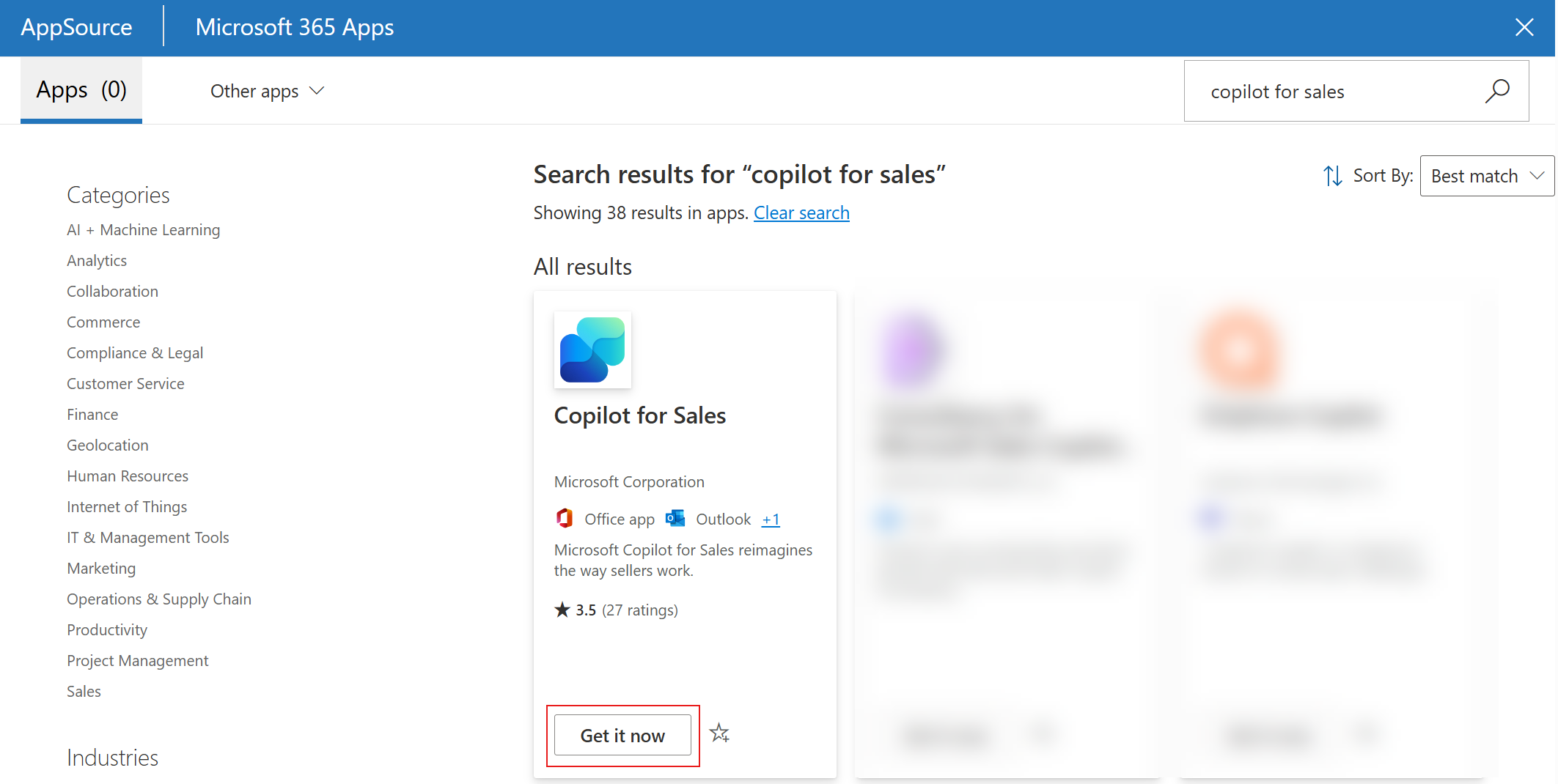Екранна снимка, показваща Copilot for Sales подобрено приложение в Microsoft 365 центъра за администриране.