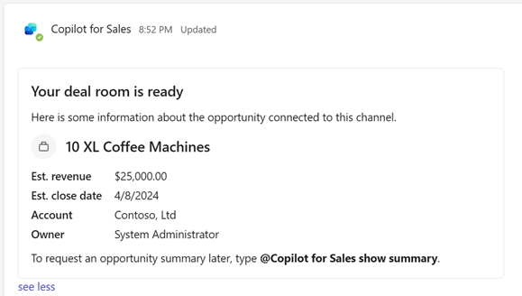 Екранна снимка на резюме на възможност в канал за сделка стая, когато функциите на copilot AI са изключени.