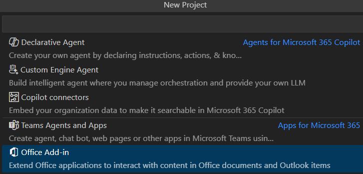 The options in New Project dropdown menu. One option is called 'Office Add-in'.