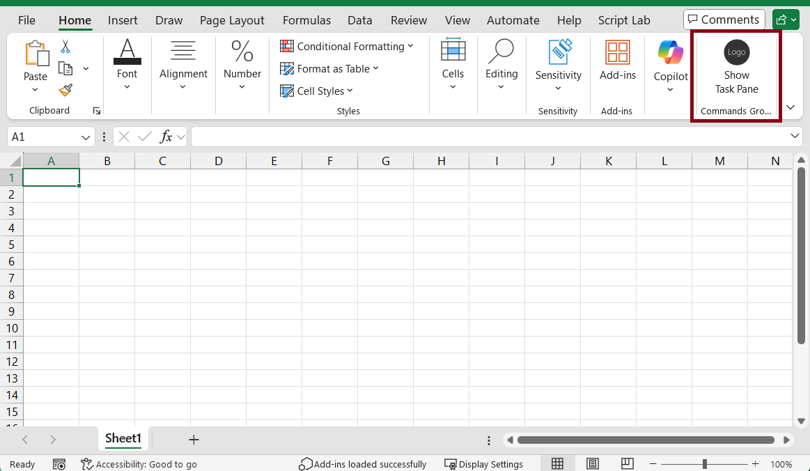 The Excel Home menu, with the Show Task Pane button highlighted.