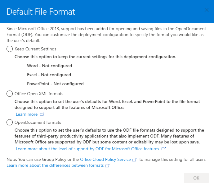 Screenshot of the page to select the default file format.