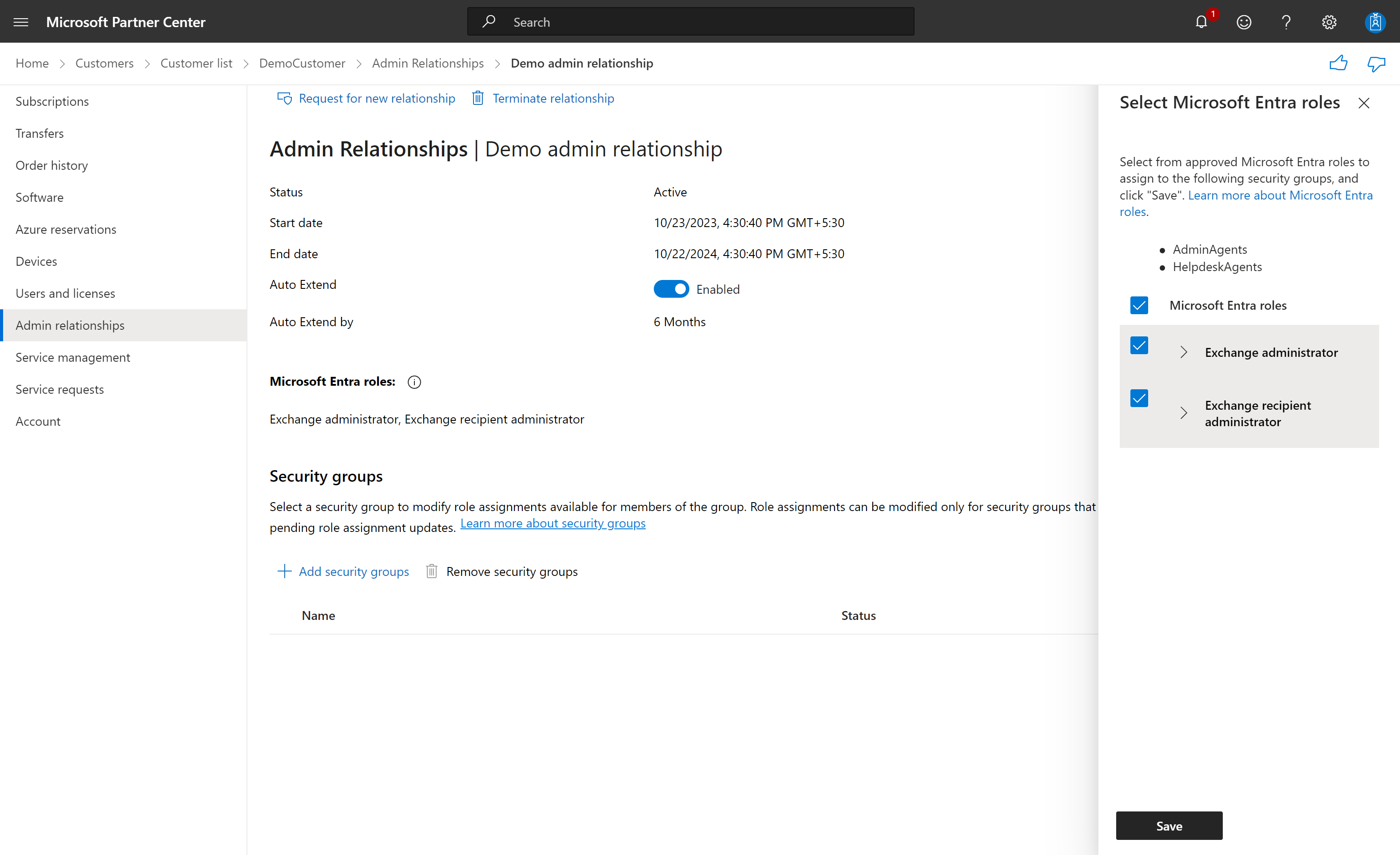 Screenshot depicting admin relationship details security group page with selected Microsoft Entra roles.