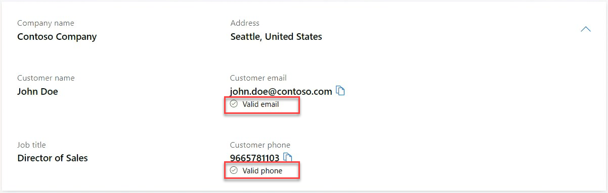 Screenshot that shows a Microsoft Marketplace offer lead in Partner Center with highlighted indicators that the phone number and email address are valid.