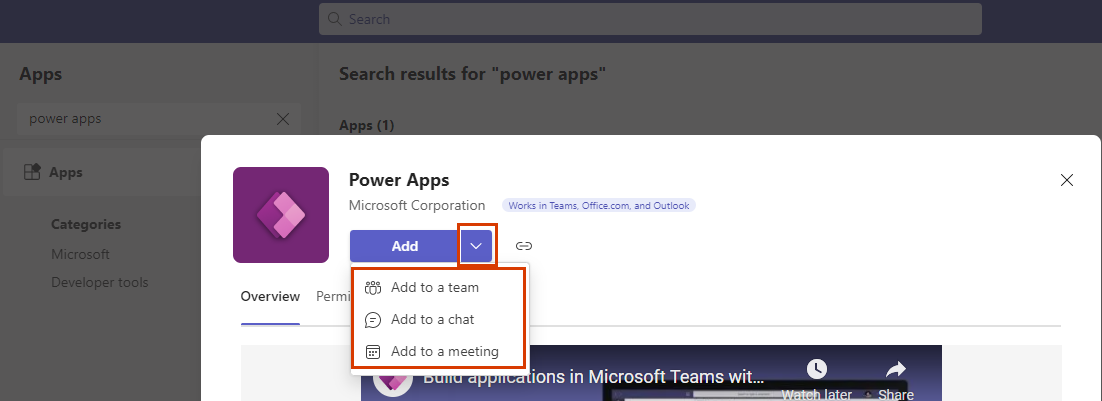 Екранна снимка на страницата на Power Apps приложението в Teams, като бутонът Добави и опциите са осветени.