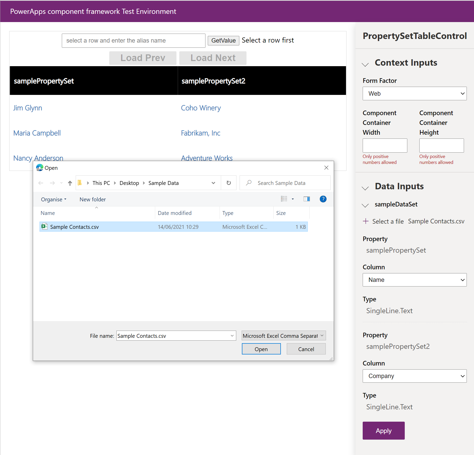Screenshot of CSV columns mapped to dataset properties in the test harness.