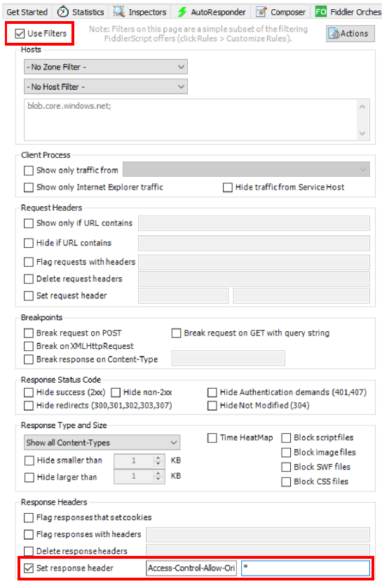 Screenshot of a Fiddler response-header filter for cross-origin access.