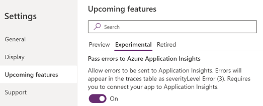 Настройки за активиране на подаване на грешки към Azure Application Insights.