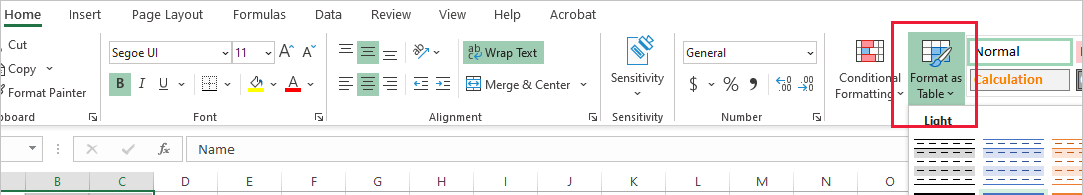 Екранна снимка с осветен формат като опция за таблица в Excel.