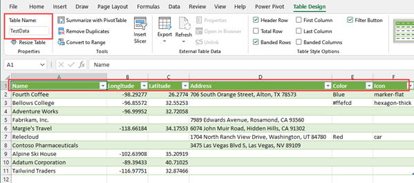 Примерен файл на excel с таблица с име TestData и съдържаща колони за име, географска дължина и ширина