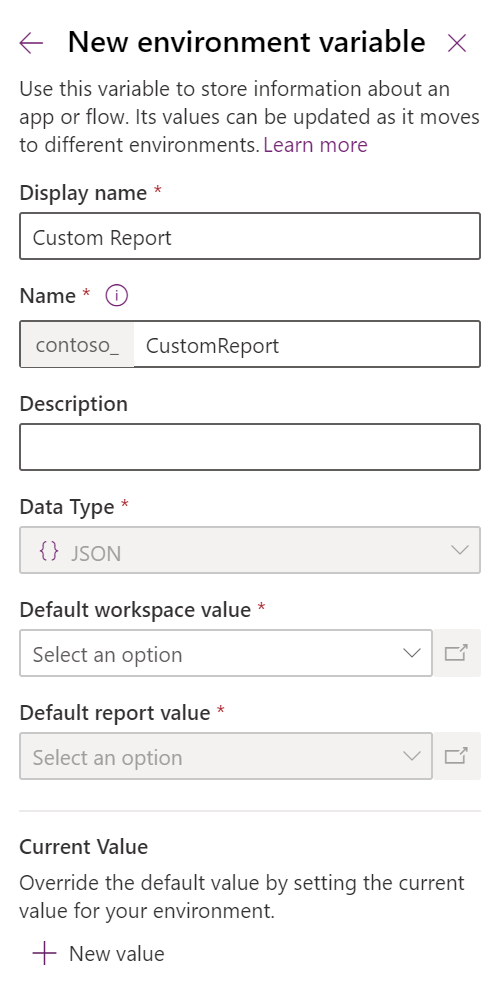 Панел с променлива на среда на Power BI embedded.