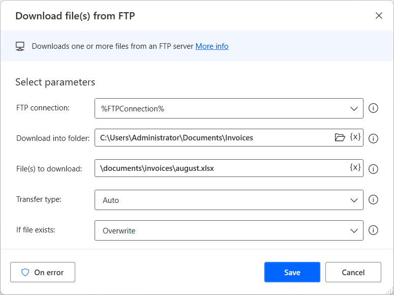 Екранна снимка на действието Изтегляне на файлове от FTP.