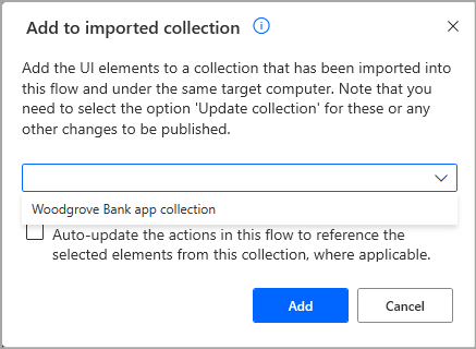 Диалогов прозорец за избор на импортирана колекция за добавяне на елементи на потребителския интерфейс
