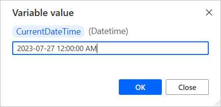 Екранна снимка на променливата datetime, която се променя в визуализатора на променливи.
