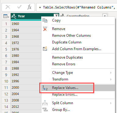 Screenshot shows a column highlighted with Replace Values selected in the context menu.