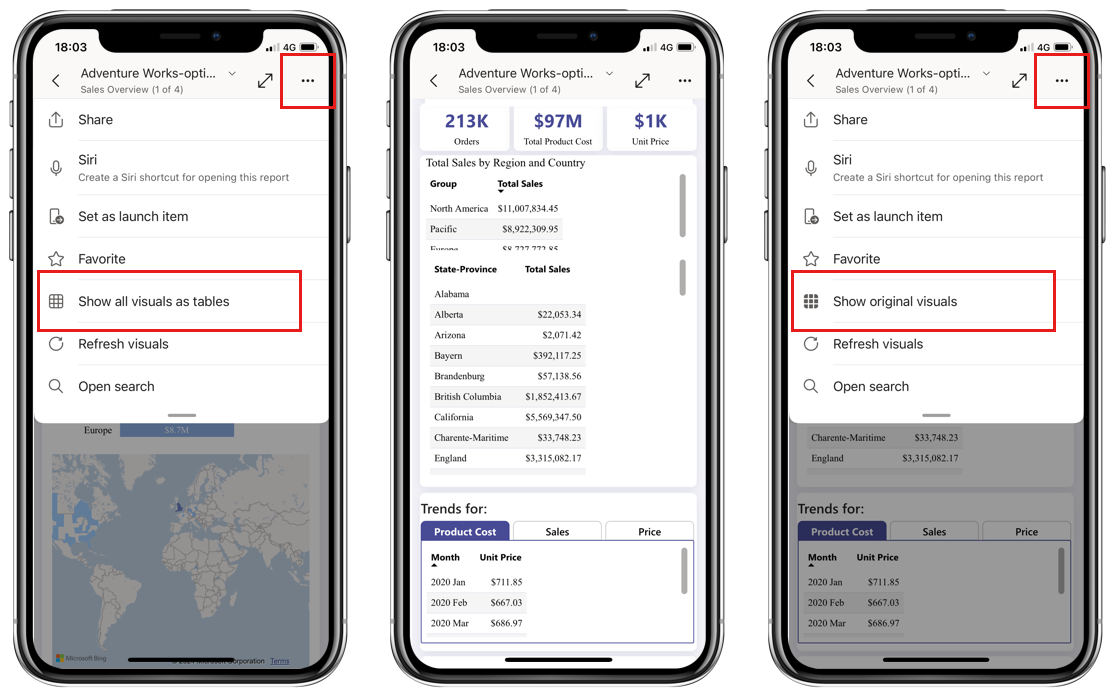 Image showing the Show all visuals as tables and Show original visuals options in report header options.