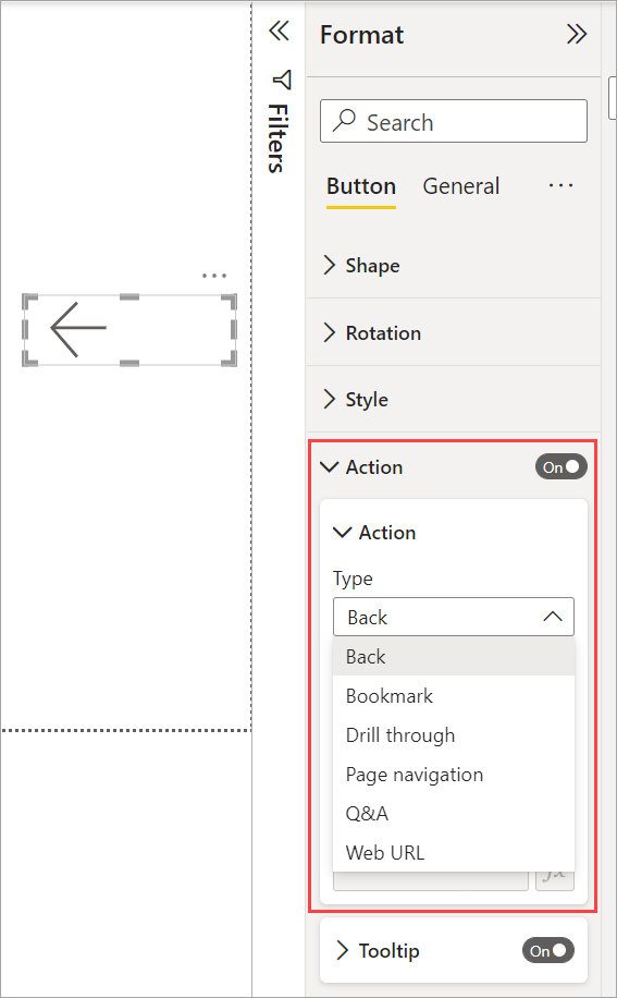 Screenshot showing Action selections for a button in Power BI.