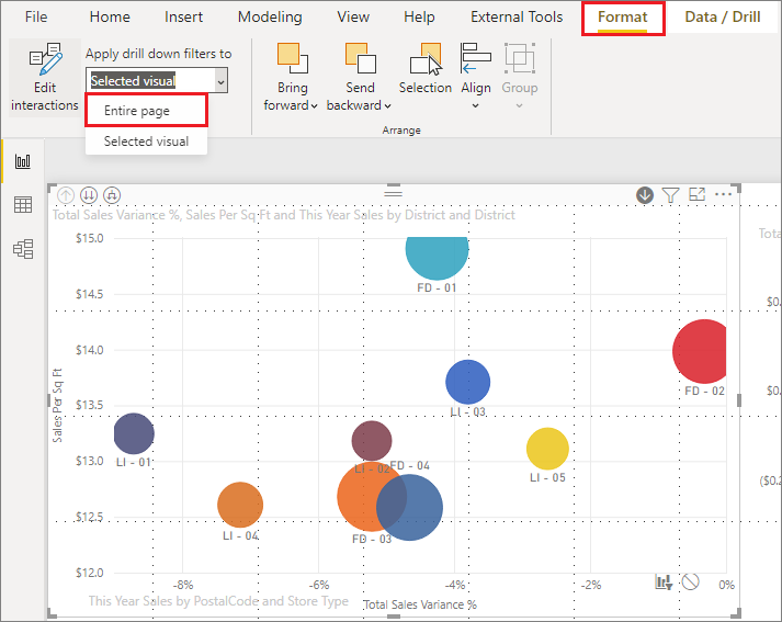 Screenshot of Power BI Desktop, showing Apply drill-down filters to dropdown menu, highlighting Entire page selection.