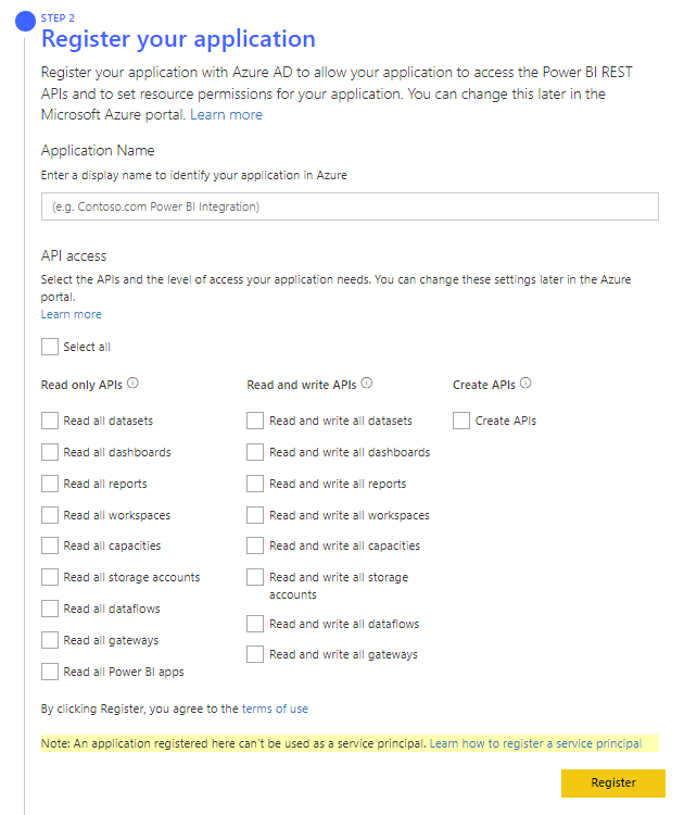 Screenshot of the Power BI embedded analytics setup tool. The step for registering an app is visible, with an app name box and API access options.