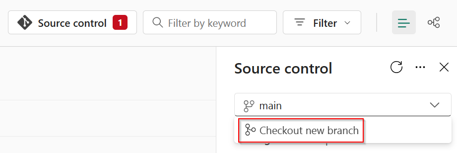 Screenshot showing the source control screen to checkout a new branch.