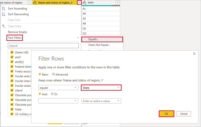 Screenshot of Power B I Desktop showing the Power Query Editor's Filter Rows query box.