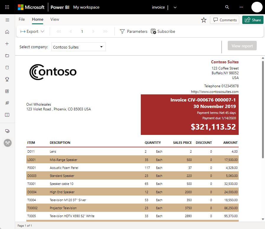 Screenshot of paginated report in the Power BI service.