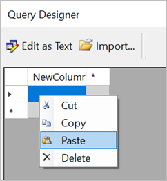 Screenshot of the Paste option in the Query Designer.