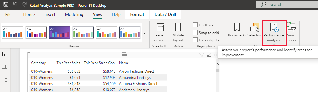 Screenshot of the Performance Analyzer option in the View ribbon.