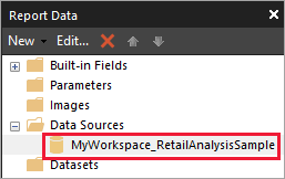 Screenshot of the Report Data pane with the dataset listed under Data Sources.